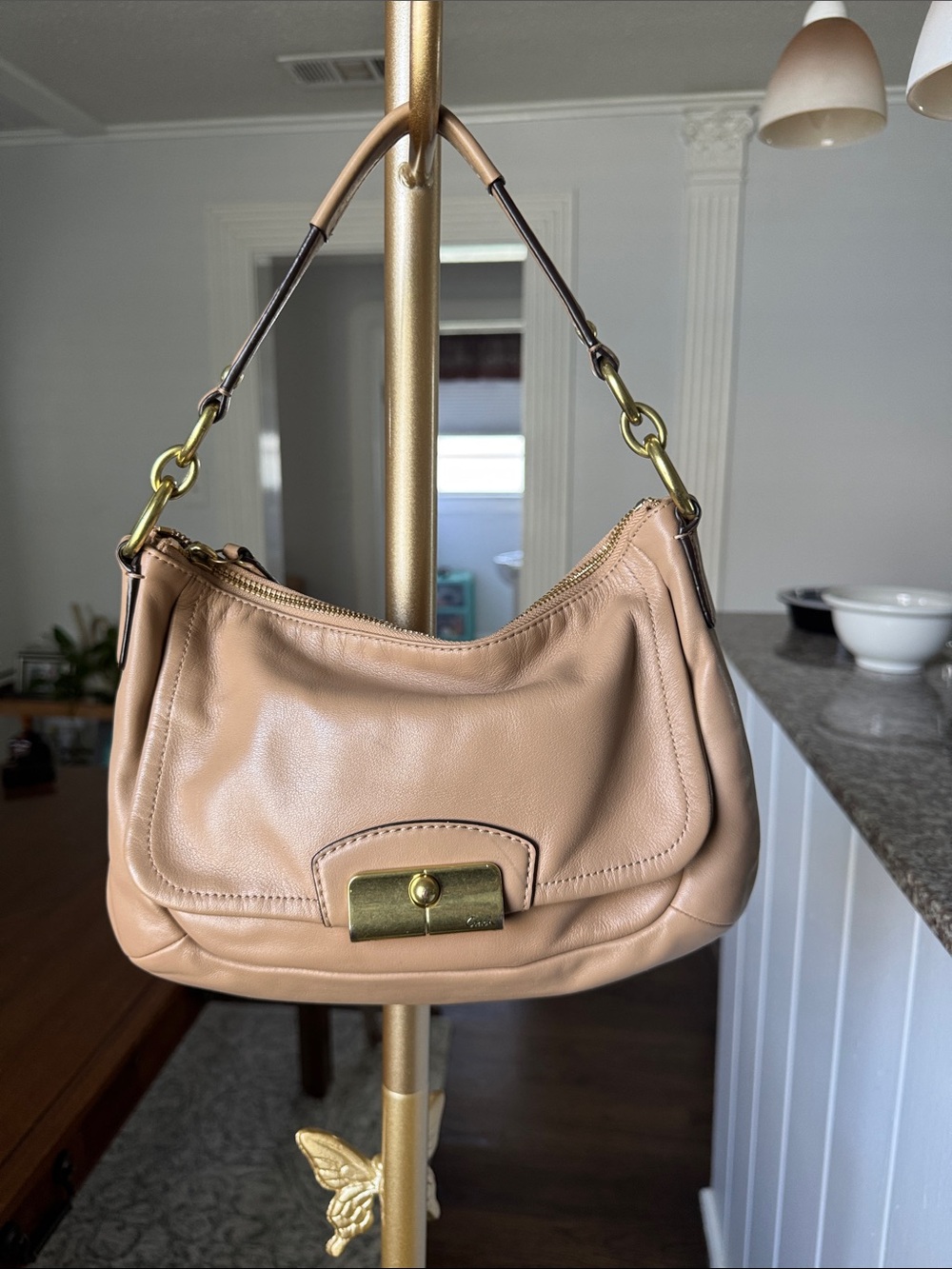 Coach Tan Leather Shoulder Bag with Gold-Tone Hardware